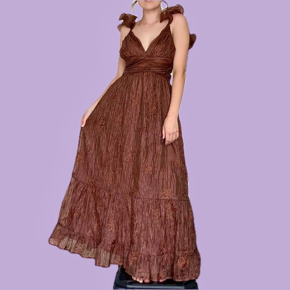 Storia Embroidered Chocolate Brown Maxi Dress | Medium